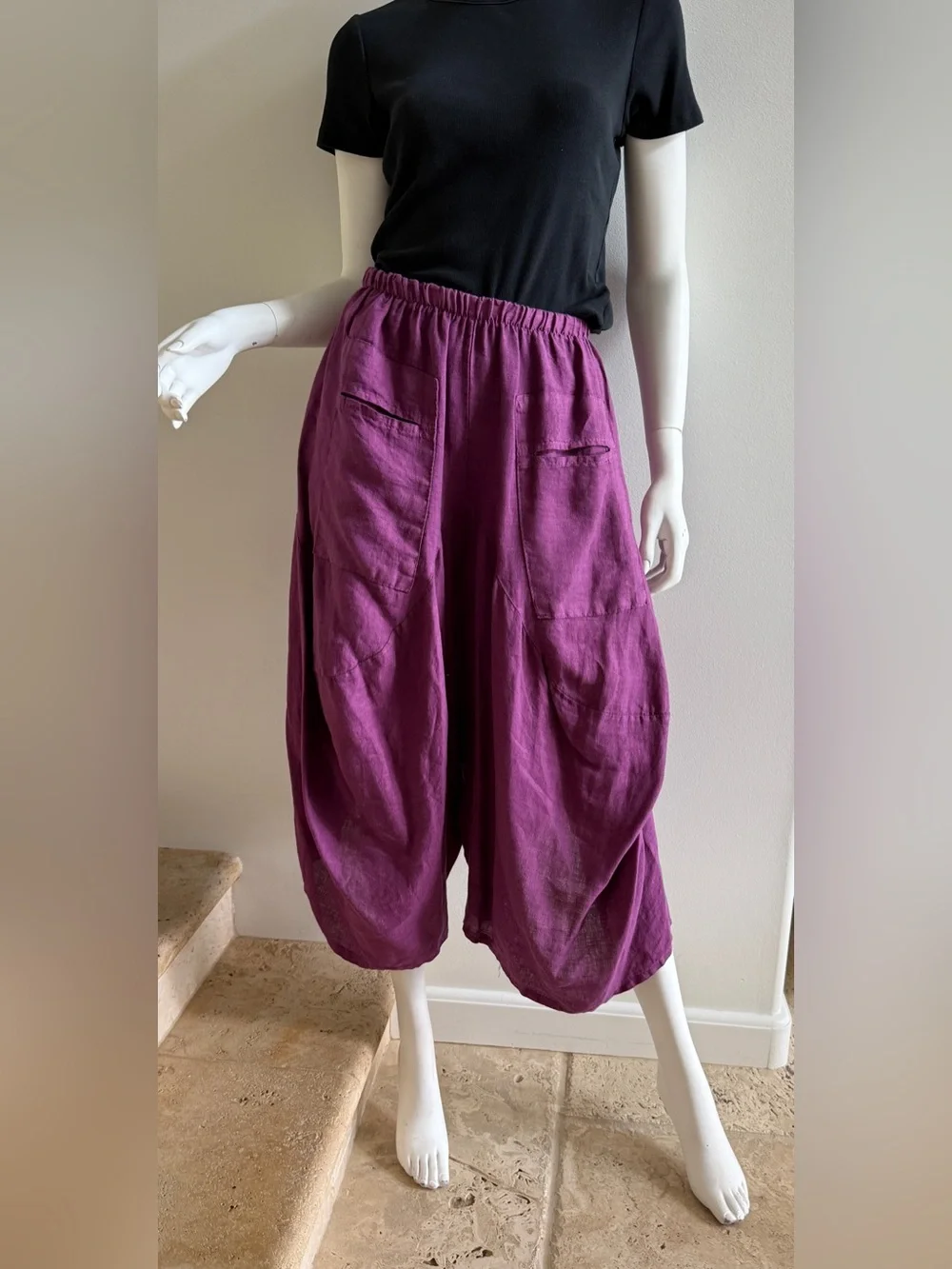 DEVITALIA Wide-Leg Harem Linen Cropped Pant Pants, One Size - Picture 4 of 6